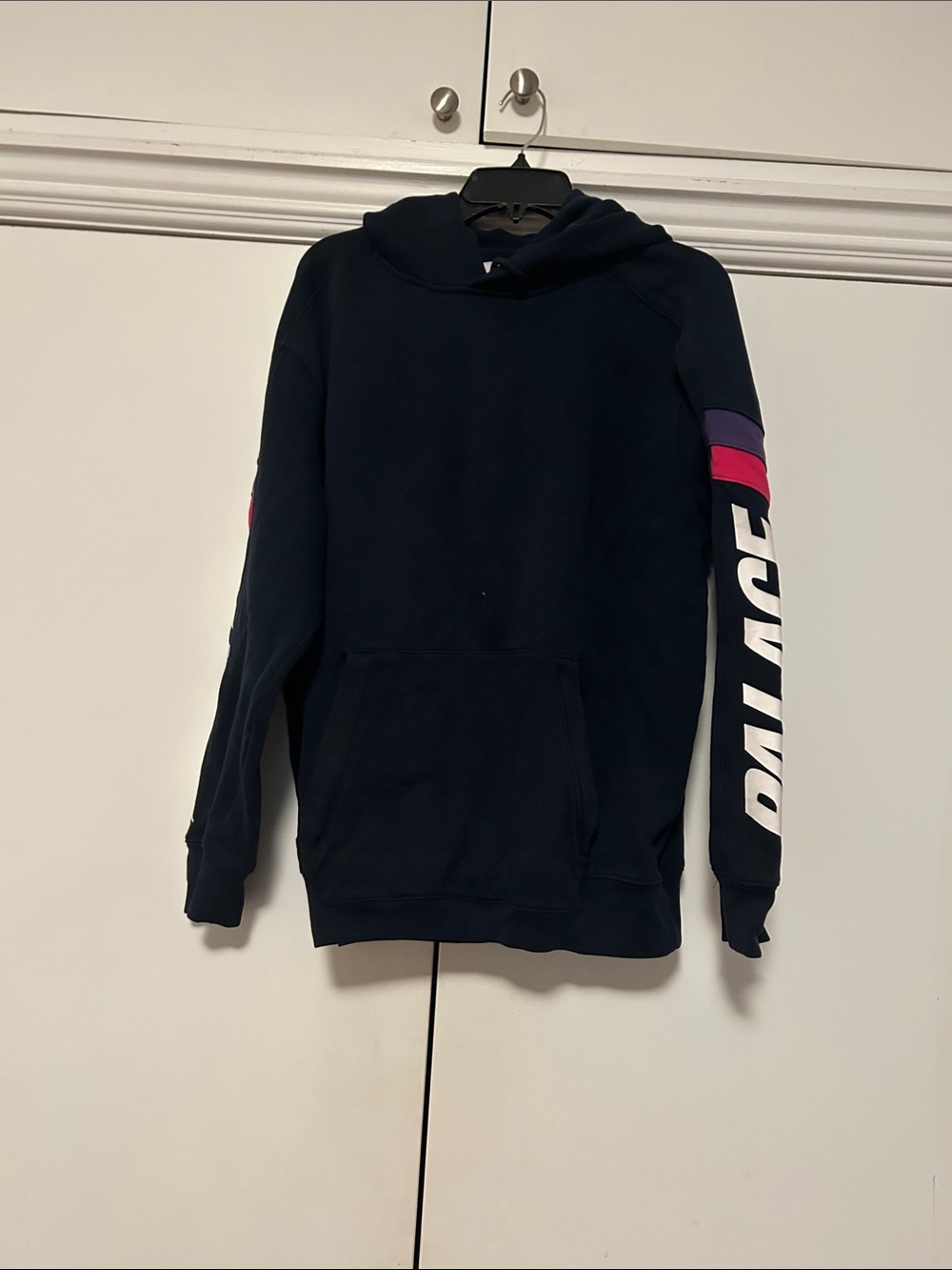 PALACE Navy Hoodie with White Sleeve Logo and Pink/Purple Stripes